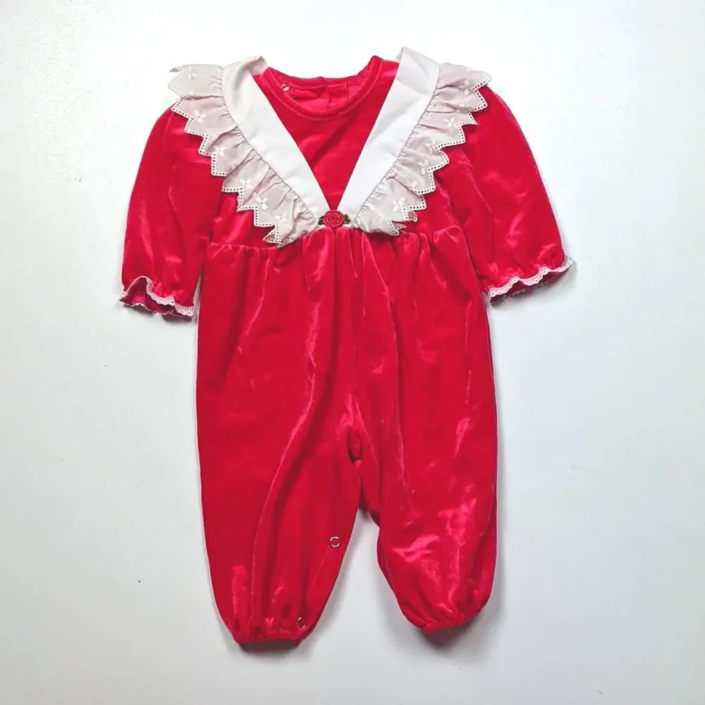 Vintage Evy Romper Baby Girls Size 12m Red Velvet Christmas Holiday